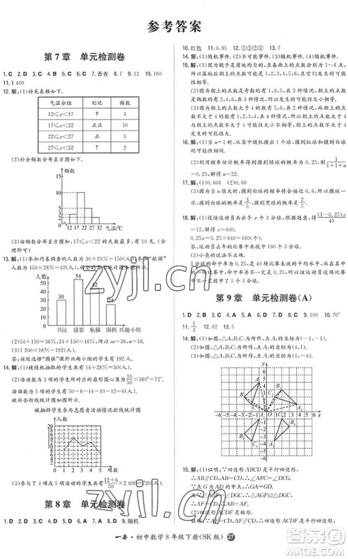 湖南教育出版社2022一本同步训练八年级数学下册SK苏科版答案