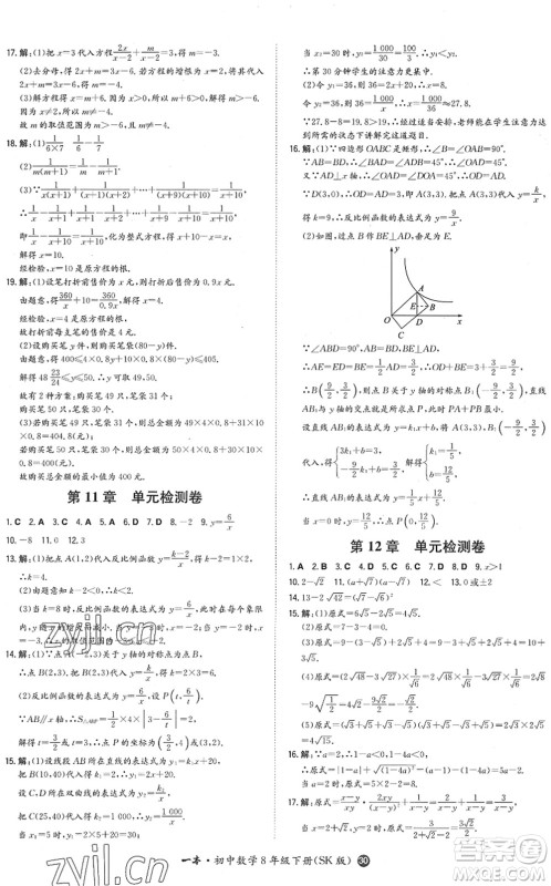 湖南教育出版社2022一本同步训练八年级数学下册SK苏科版答案