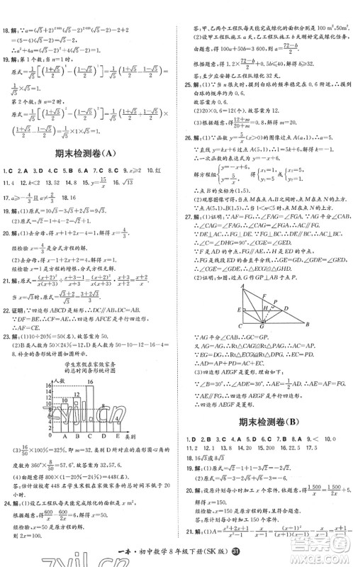 湖南教育出版社2022一本同步训练八年级数学下册SK苏科版答案