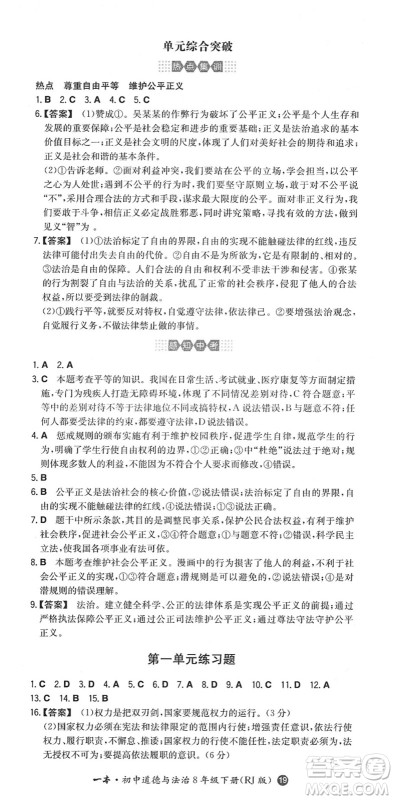 湖南教育出版社2022一本同步训练八年级道德与法治下册RJ人教版答案