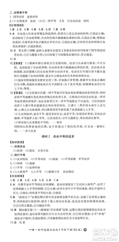 湖南教育出版社2022一本同步训练八年级道德与法治下册RJ人教版答案