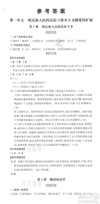 湖南教育出版社2022一本同步训练九年级历史下册RJ人教版安徽专版答案 湖南教育出版社2022一本同步训练九年级历史下册RJ人教版安徽专版答案