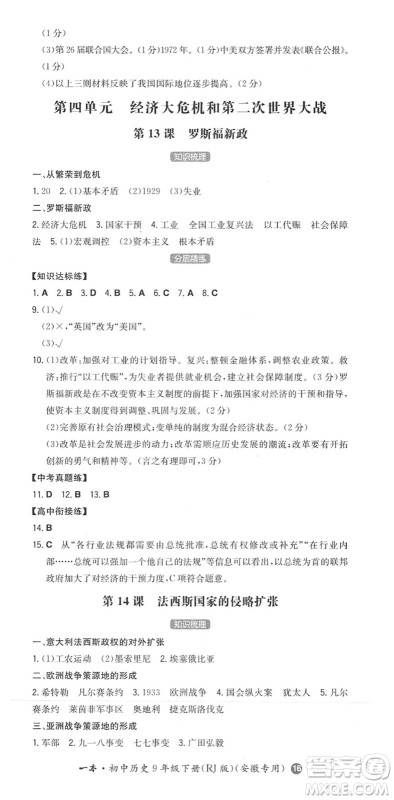 湖南教育出版社2022一本同步训练九年级历史下册RJ人教版安徽专版答案