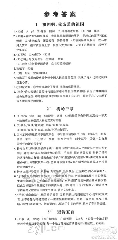 湖南教育出版社2022一本同步训练九年级语文下册RJ人教版安徽专版答案