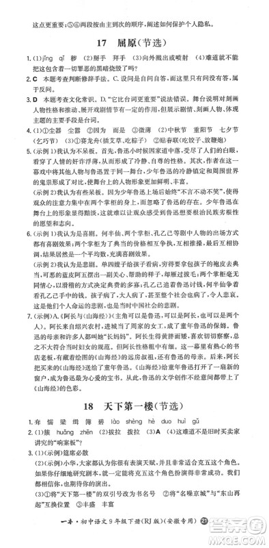 湖南教育出版社2022一本同步训练九年级语文下册RJ人教版安徽专版答案