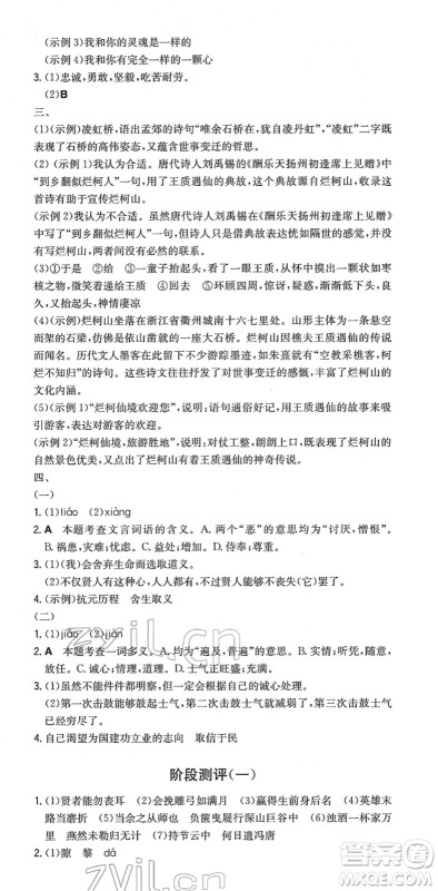 湖南教育出版社2022一本同步训练九年级语文下册RJ人教版安徽专版答案