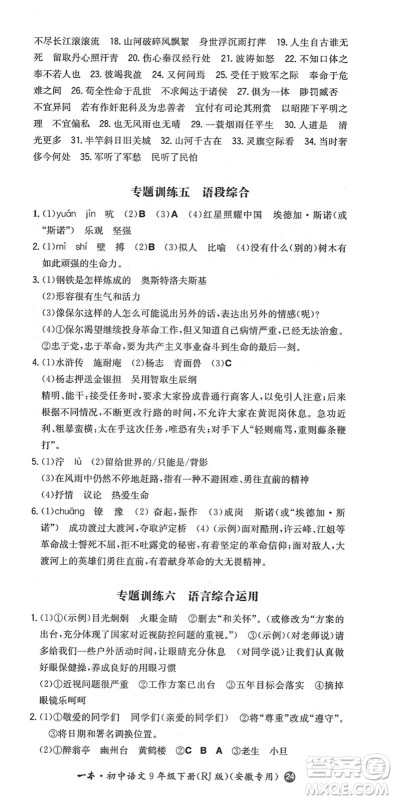 湖南教育出版社2022一本同步训练九年级语文下册RJ人教版安徽专版答案