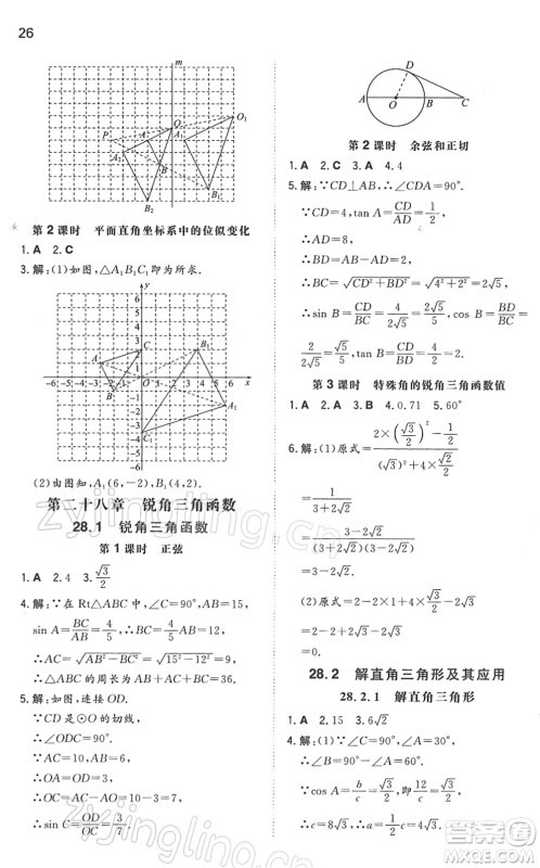 湖南教育出版社2022一本同步训练九年级数学下册RJ人教版答案 湖南教育出版社2022一本同步训练九年级数学下册RJ人教版答案