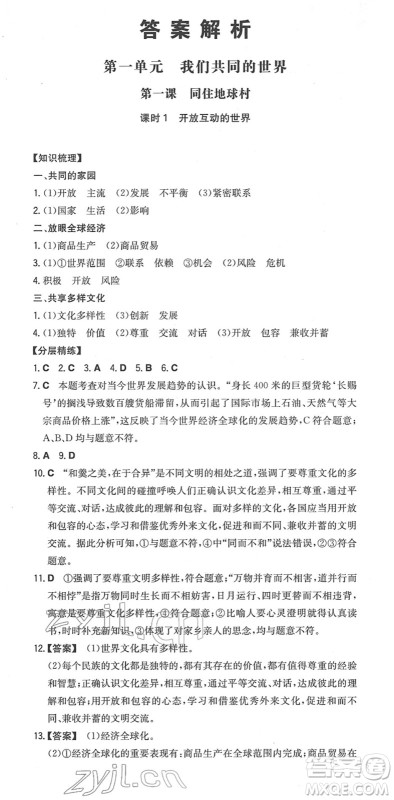 湖南教育出版社2022一本同步训练九年级道德与法治下册RJ人教版安徽专版答案