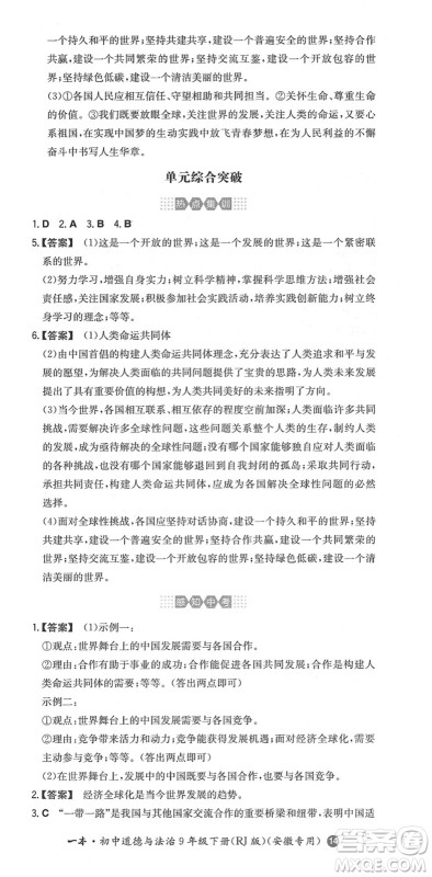 湖南教育出版社2022一本同步训练九年级道德与法治下册RJ人教版安徽专版答案