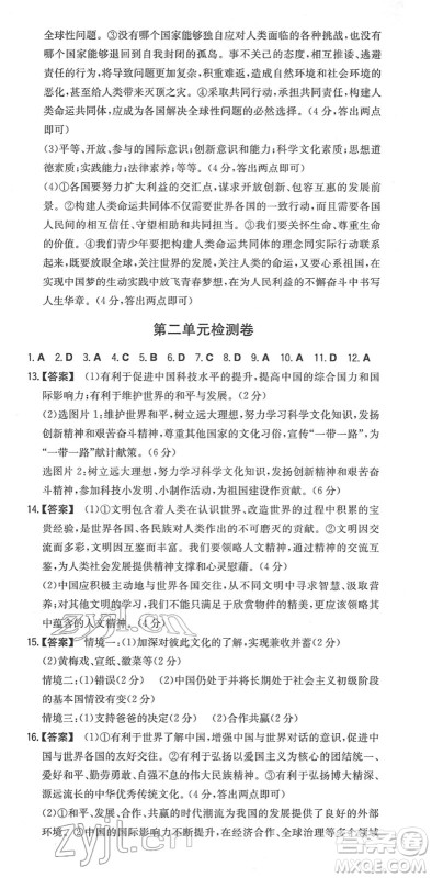 湖南教育出版社2022一本同步训练九年级道德与法治下册RJ人教版安徽专版答案