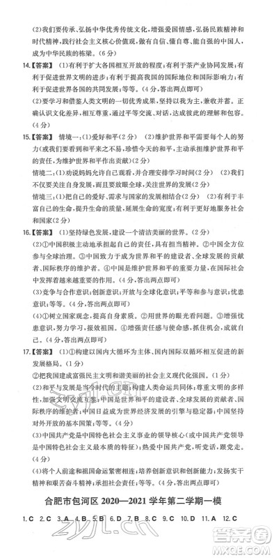 湖南教育出版社2022一本同步训练九年级道德与法治下册RJ人教版安徽专版答案