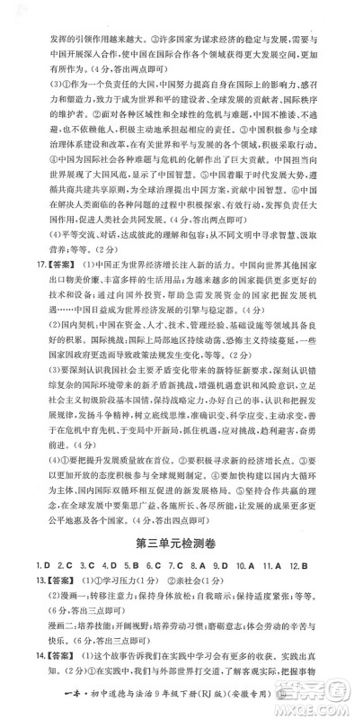 湖南教育出版社2022一本同步训练九年级道德与法治下册RJ人教版安徽专版答案