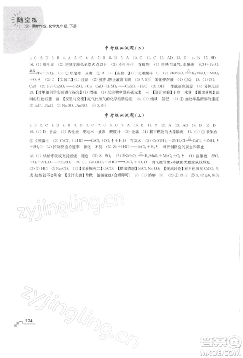 南京出版社2022随堂练课时作业九年级下册化学沪教版参考答案