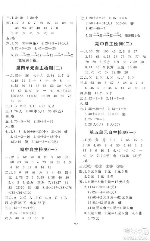 湖北教育出版社2022黄冈测试卷系列自主检测一年级数学下册RJ人教版答案