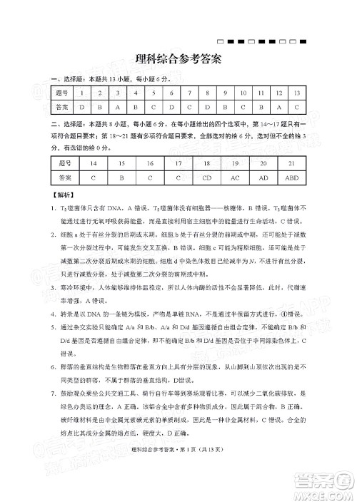 2022届云师大附中高三适应性月考十理科综合答案 2022届云师大附中高三适应性月考十理科综合答案