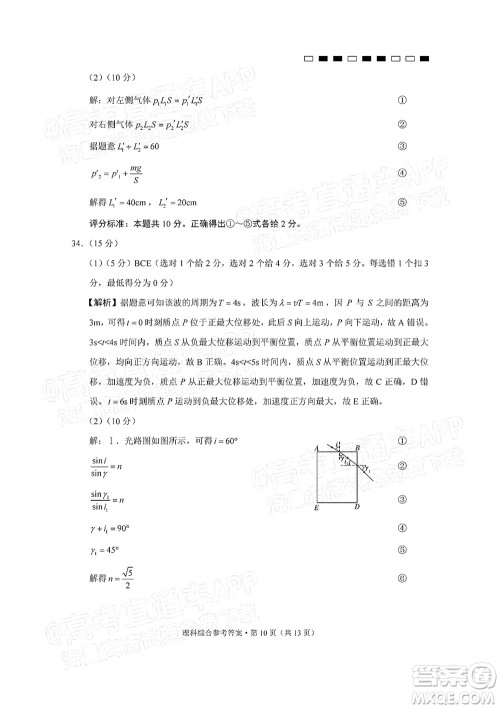 2022届云师大附中高三适应性月考十理科综合答案