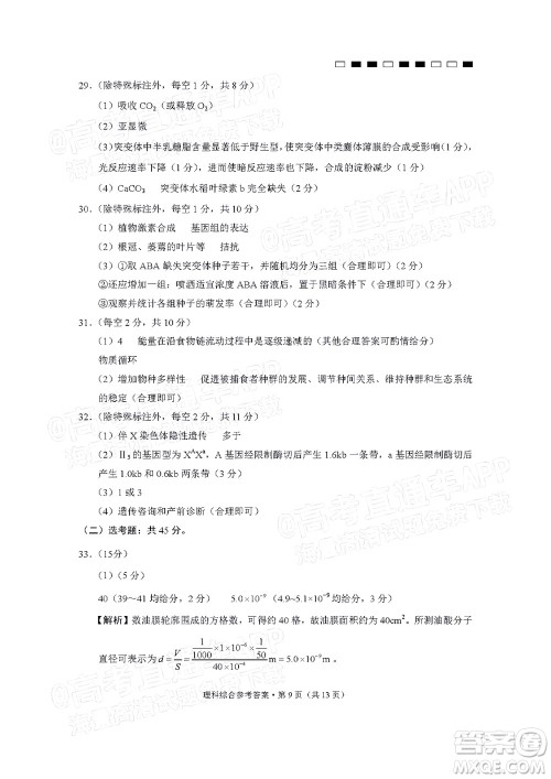 2022届云师大附中高三适应性月考十理科综合答案