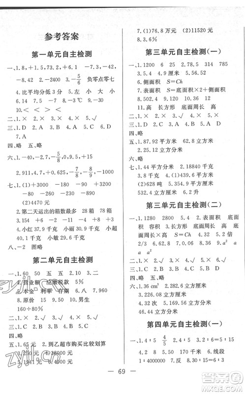 湖北教育出版社2022黄冈测试卷系列自主检测六年级数学下册RJ人教版答案