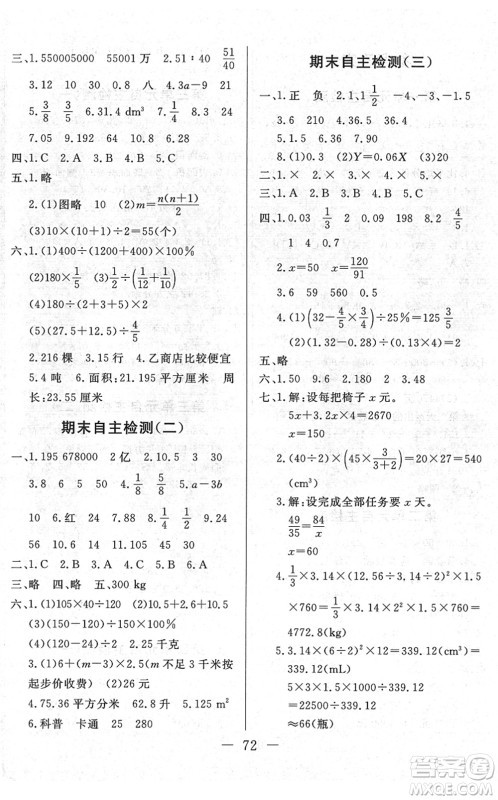 湖北教育出版社2022黄冈测试卷系列自主检测六年级数学下册RJ人教版答案