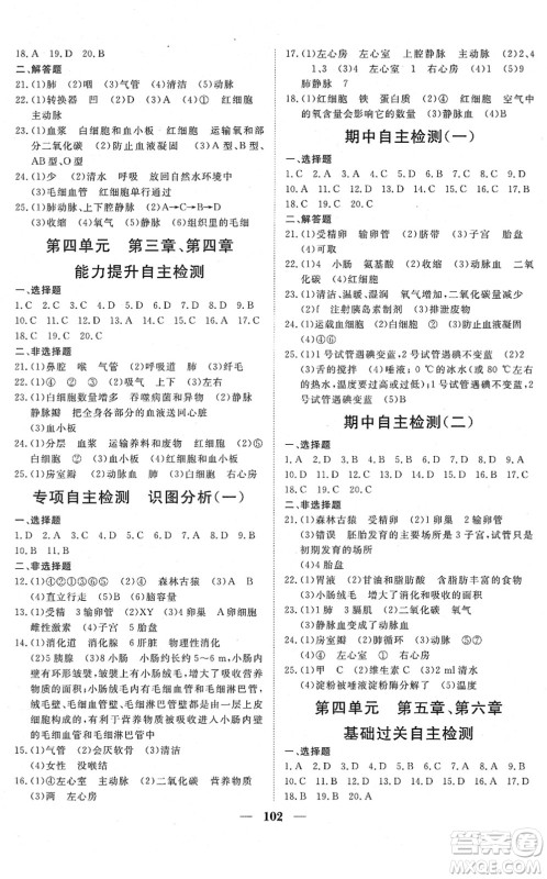 湖北教育出版社2022黄冈测试卷系列自主检测七年级生物下册RJ人教版答案