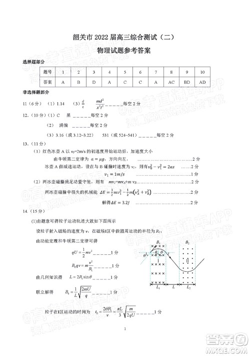 韶关市2022届高三综合测试二物理试题及答案