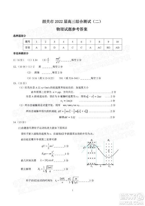 韶关市2022届高三综合测试二物理试题及答案