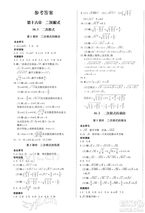 延边大学出版社2022本土攻略八年级下册数学人教版参考答案
