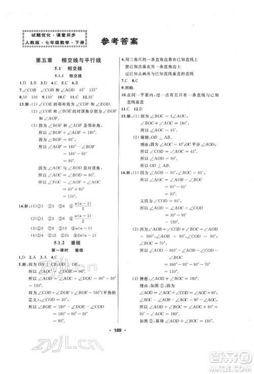 延边人民出版社2022试题优化课堂同步七年级下册数学人教版参考答案