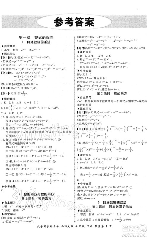 郑州大学出版社2022新学案同步导与练七年级数学下册北师大版答案