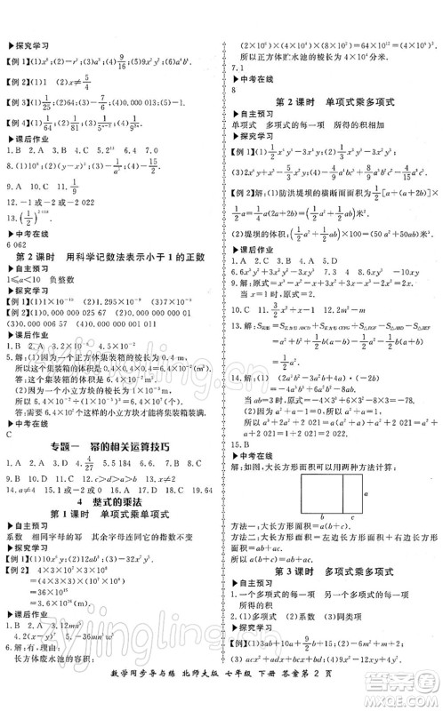 郑州大学出版社2022新学案同步导与练七年级数学下册北师大版答案