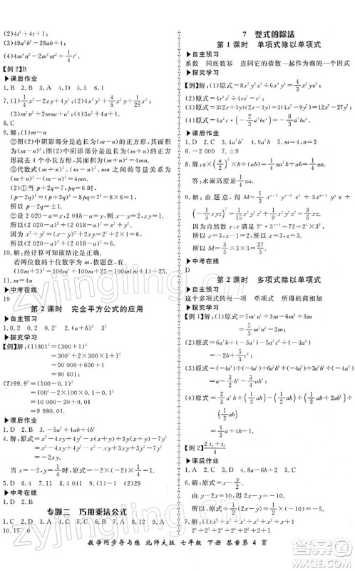 郑州大学出版社2022新学案同步导与练七年级数学下册北师大版答案