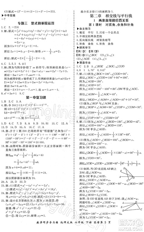 郑州大学出版社2022新学案同步导与练七年级数学下册北师大版答案