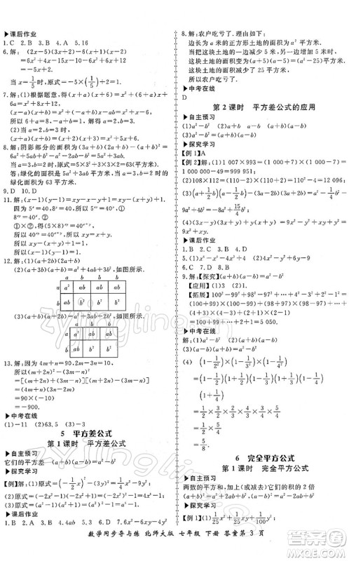 郑州大学出版社2022新学案同步导与练七年级数学下册北师大版答案