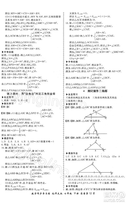 郑州大学出版社2022新学案同步导与练七年级数学下册北师大版答案