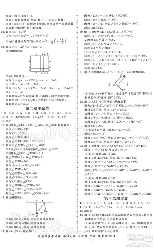 郑州大学出版社2022新学案同步导与练七年级数学下册北师大版答案