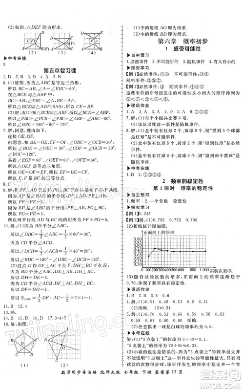 郑州大学出版社2022新学案同步导与练七年级数学下册北师大版答案