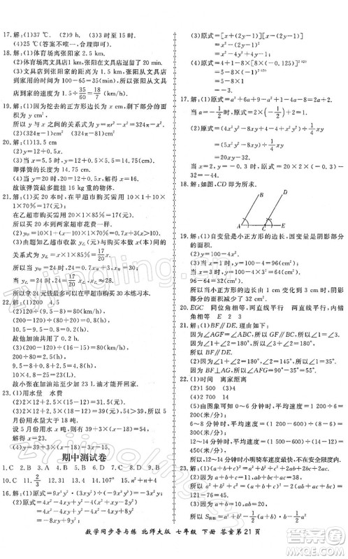 郑州大学出版社2022新学案同步导与练七年级数学下册北师大版答案