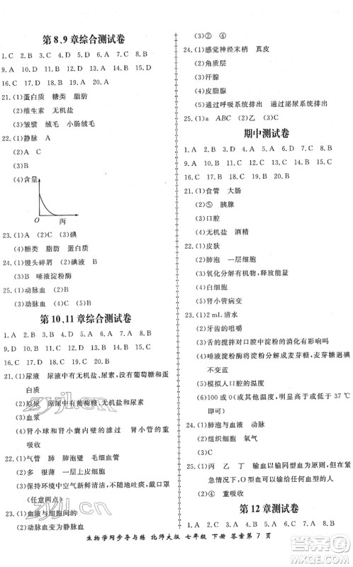 郑州大学出版社2022新学案同步导与练七年级生物下册北师大版答案