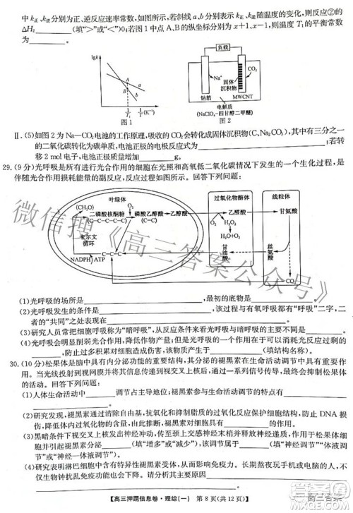 九师联盟2021-2022学年高三押题信息卷一理科综合试题及答案