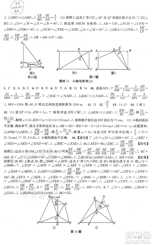 安徽人民出版社2022高效精练九年级数学下册苏科版答案