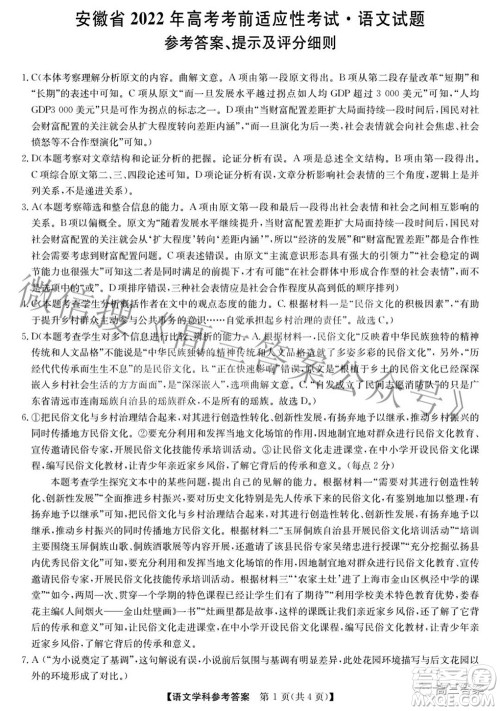 安徽省2022年高考考前适应性考试语文试题及答案 安徽省2022年高考考前适应性考试语文试题及答案