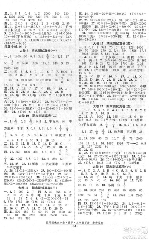 福建人民出版社2022拉网提优大小卷三年级数学下册SJ苏教版答案