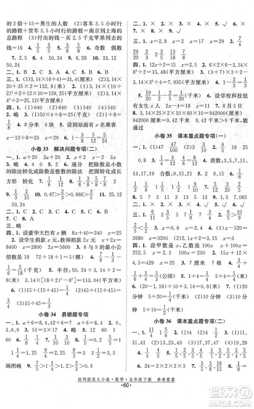 福建人民出版社2022拉网提优大小卷五年级数学下册SJ苏教版答案