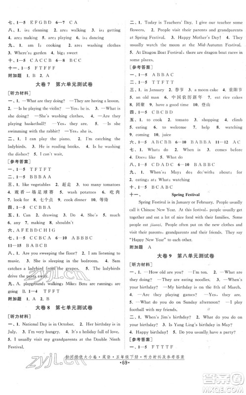 福建人民出版社2022拉网提优大小卷五年级英语下册YL译林版答案