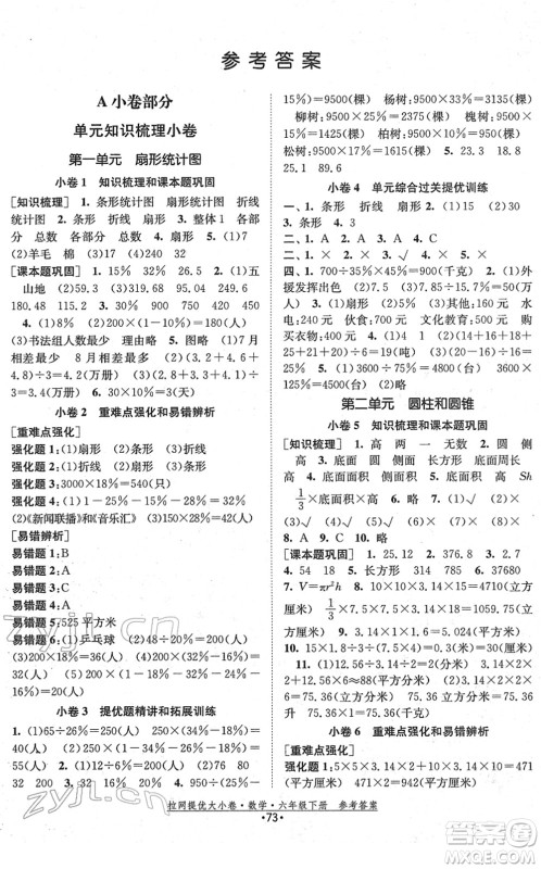 福建人民出版社2022拉网提优大小卷六年级数学下册SJ苏教版答案