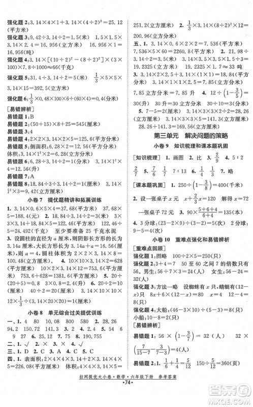 福建人民出版社2022拉网提优大小卷六年级数学下册SJ苏教版答案