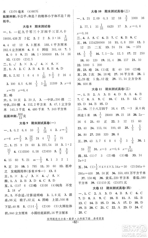福建人民出版社2022拉网提优大小卷六年级数学下册SJ苏教版答案