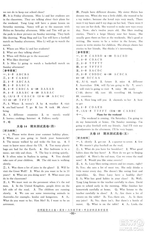 福建人民出版社2022拉网提优大小卷六年级英语下册YL译林版答案