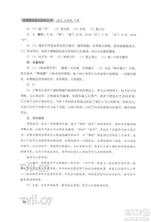 四川教育出版社2022新课程实践与探究丛书七年级下册语文人教版参考答案